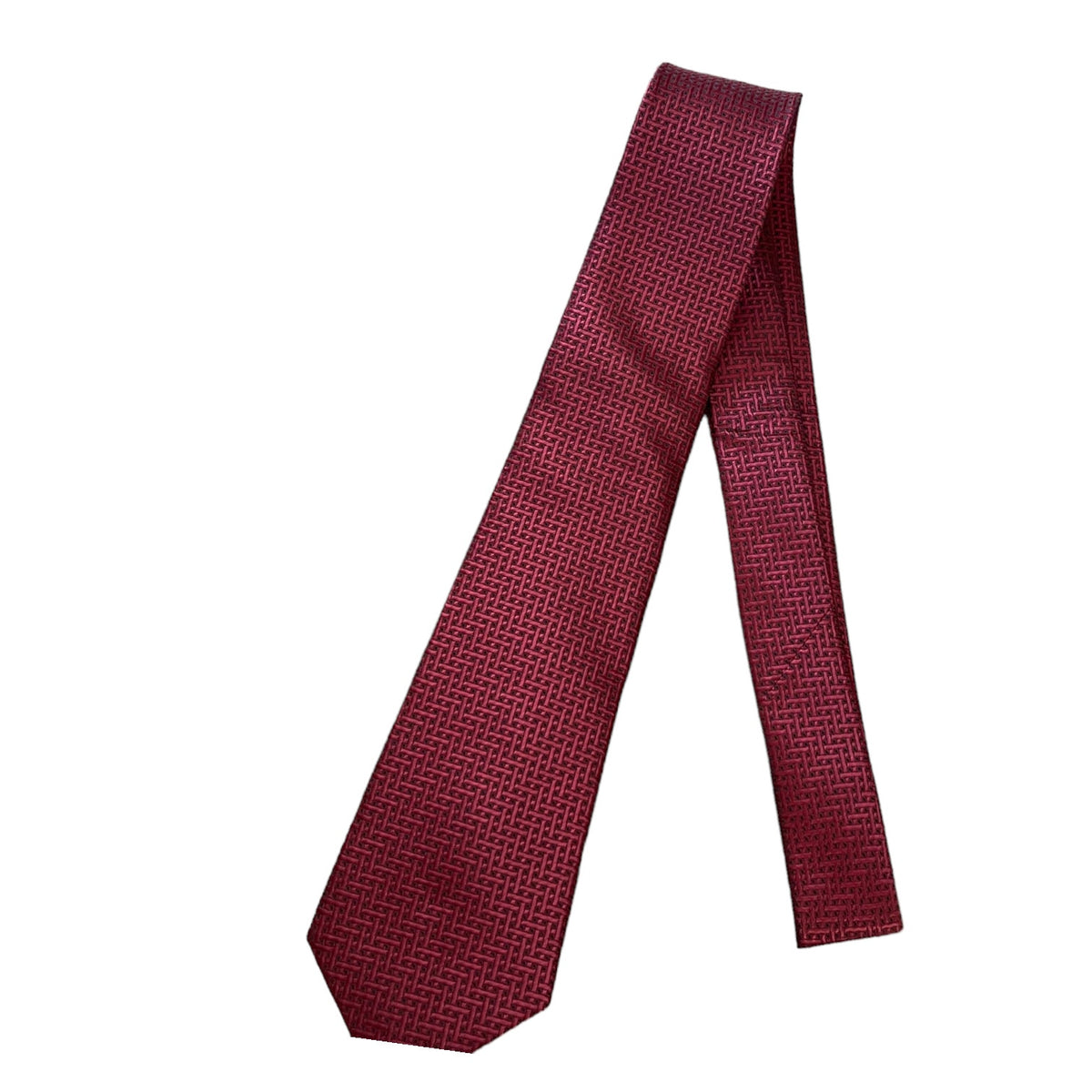 A maroon necktie with a fine micro-patterned texture, displayed in a folded diagonal layout against a solid white background.