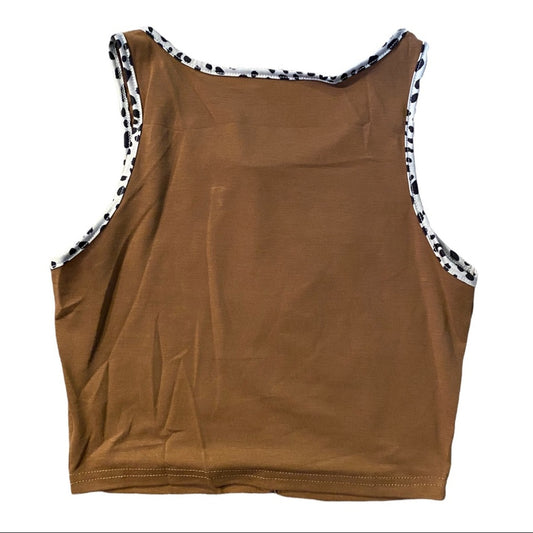 Brown tank top with patterned trim on a white background