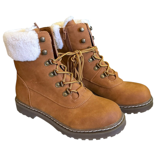 Front side of brown winter boots with white fur lining on a white background