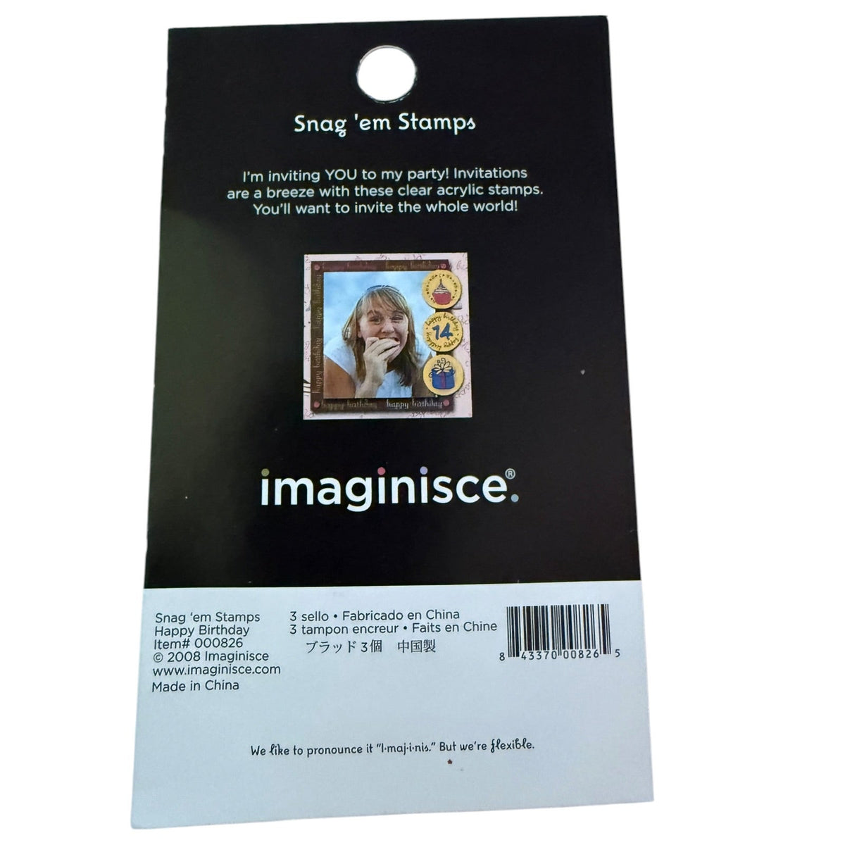 Back of Snag em Stamps packaging on a white background.