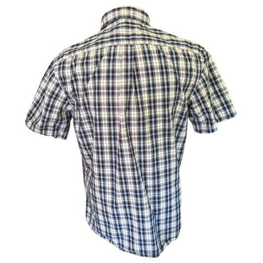 Plaid short-sleeve shirt back on a white background