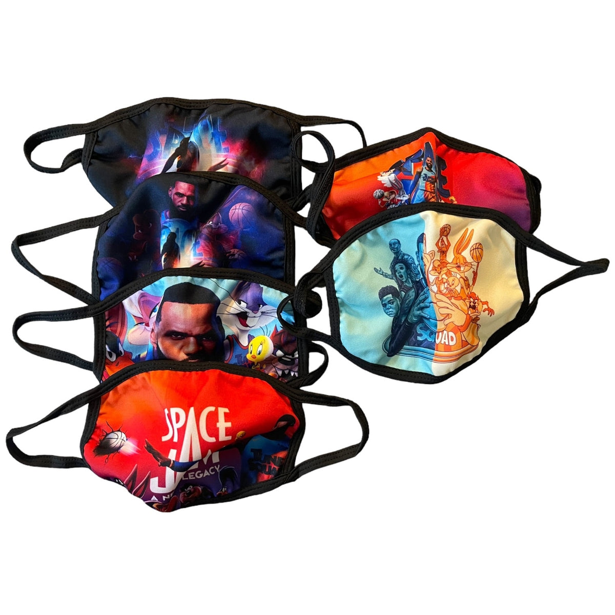 Six reusable face masks with black elastic ear loops, each printed with different colorful comic book and video game artwork, arranged on a plain white background.