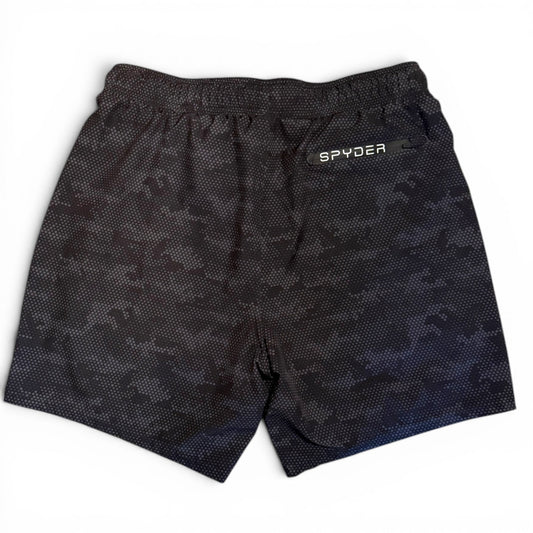 Back of Black patterned shorts with 'Spyder' branding on a white background