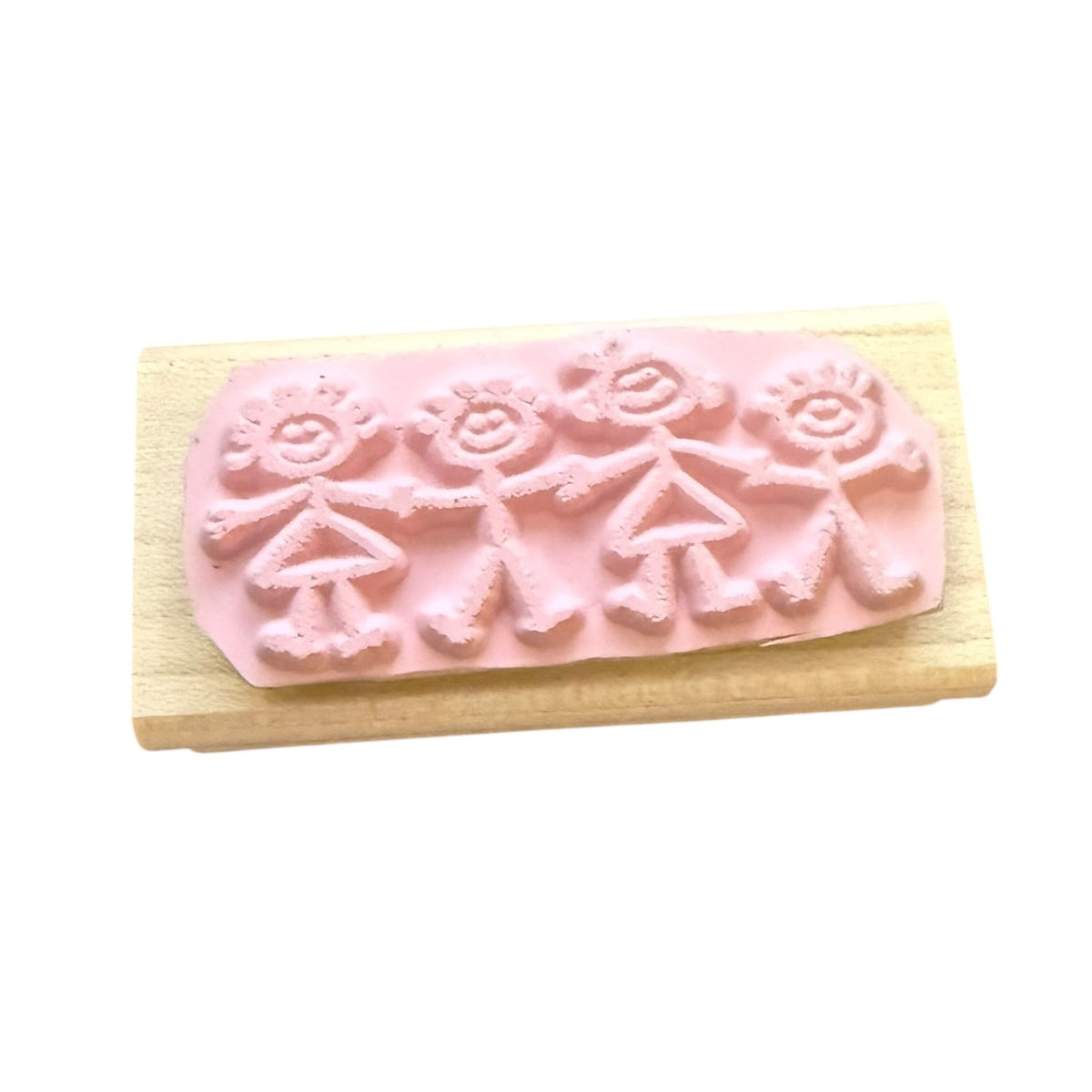 Pink rubber stamp of a stick family on a white background