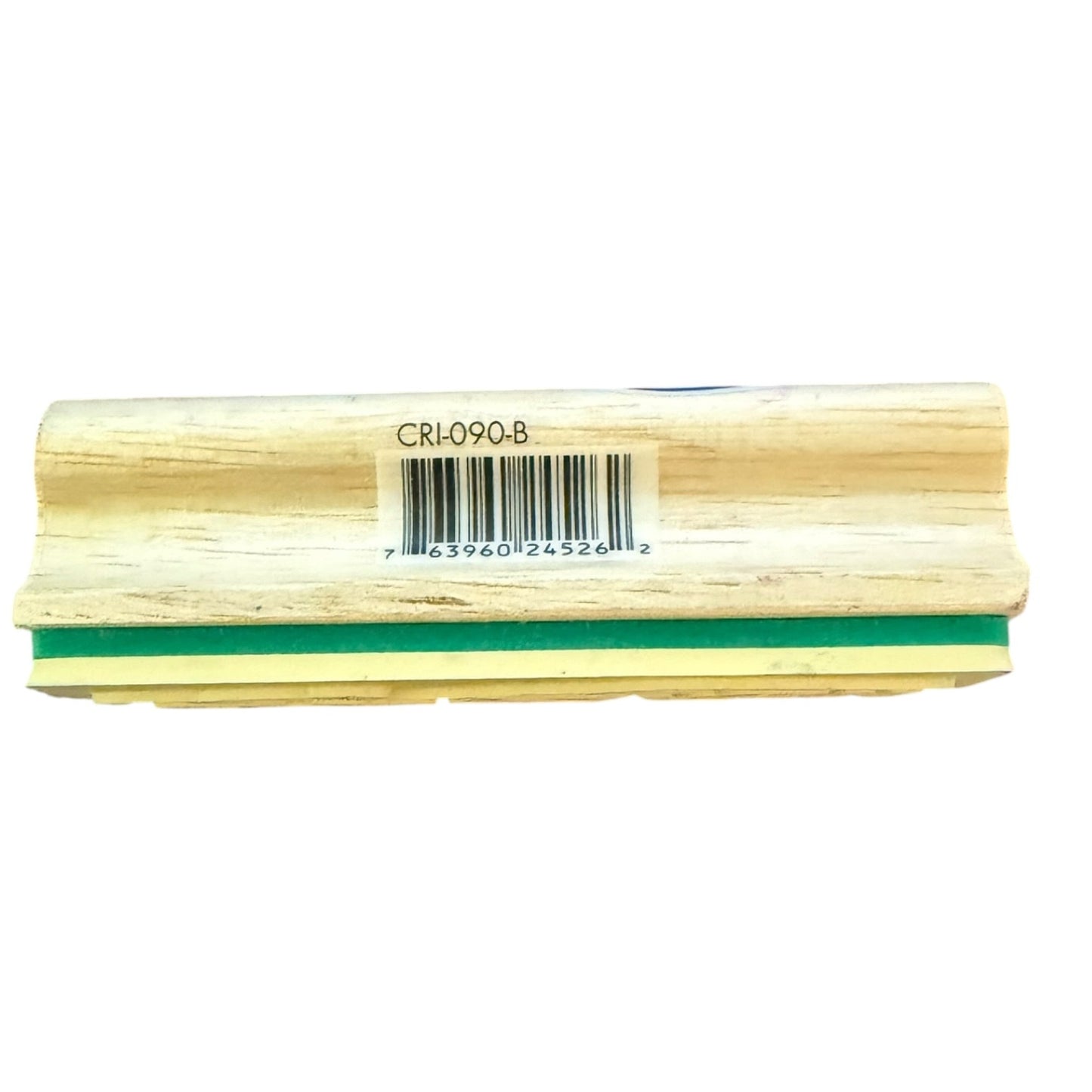 A close-up of a light natural wood trim piece with a green stripe and a barcode label reading CRL-090-B, set against a plain white background.