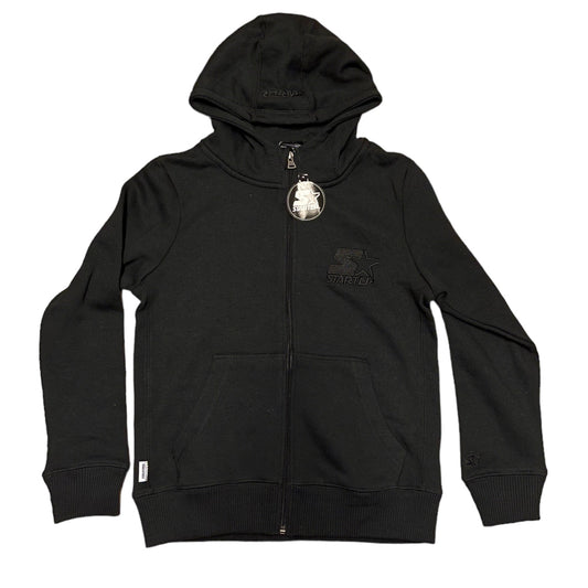 A black full-zip hoodie with a tonal embroidered Starter logo on the left chest, featuring a silver-tone metal zipper pull .