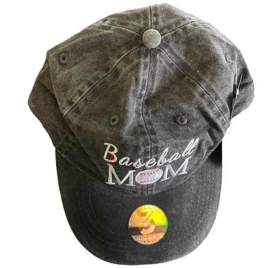 A dark black gray washed baseball cap with 'Baseball MOM' embroidered on the front, featuring a baseball graphic in the center of the text and a round sticker on the brim.