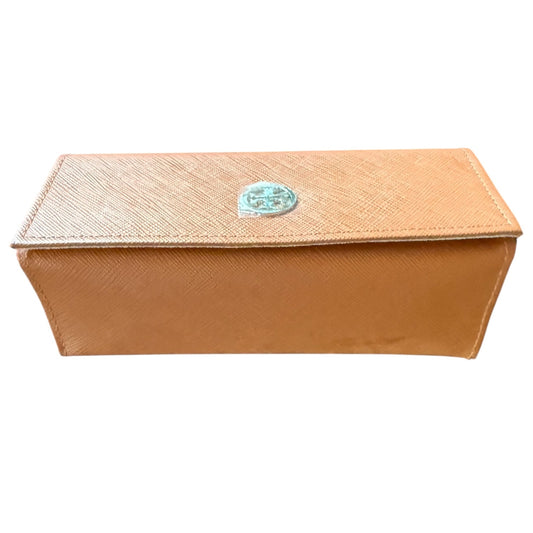 A orange eyeglass case with a textured saffiano pattern, featuring a small circular logo medallion on the front flap, set against a plain white background.