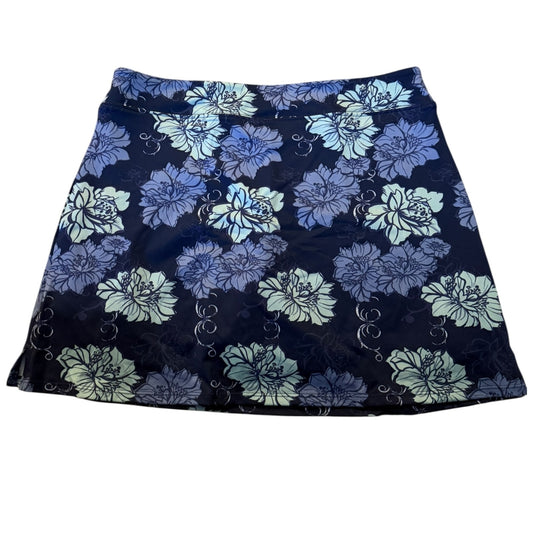 Back of blue skort with floral pattern on a white background