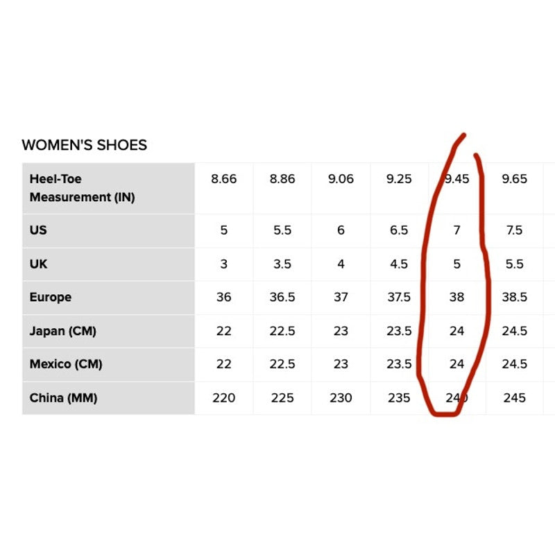 A size chart for women's shoes showing heel-toe measurement in inches, US, UK, Europe, Japan (CM), Mexico (CM), and China (MM) in a white table with black text, with a red hand-drawn circle highlighting the 24-inch measurement.