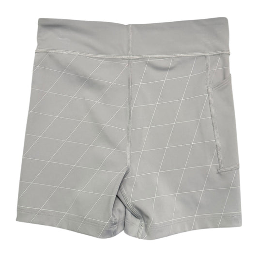 Back of Gray shorts with a geometric pattern on a white background