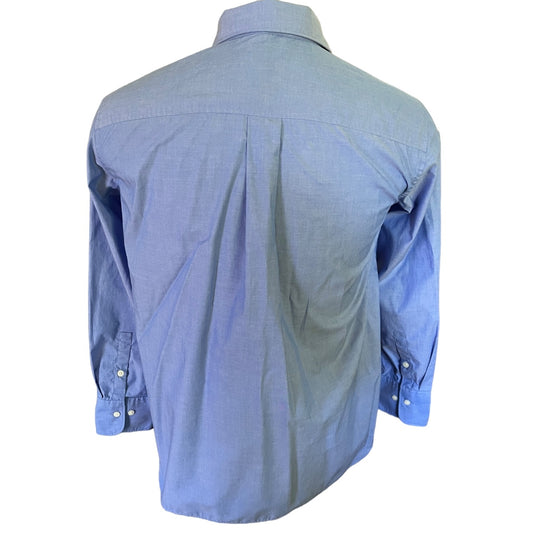 A blue long-sleeve button-down shirt shown from the back, displayed on a white background.