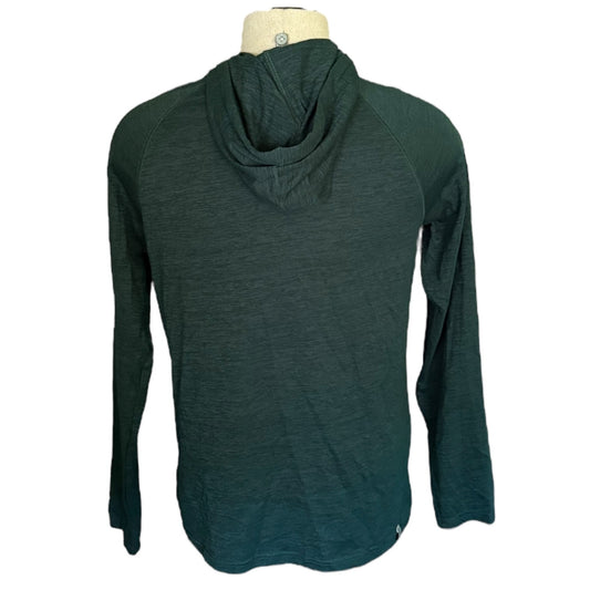A dark green long-sleeve hoodie top , displayed on a beige mannequin torso against a plain white background.