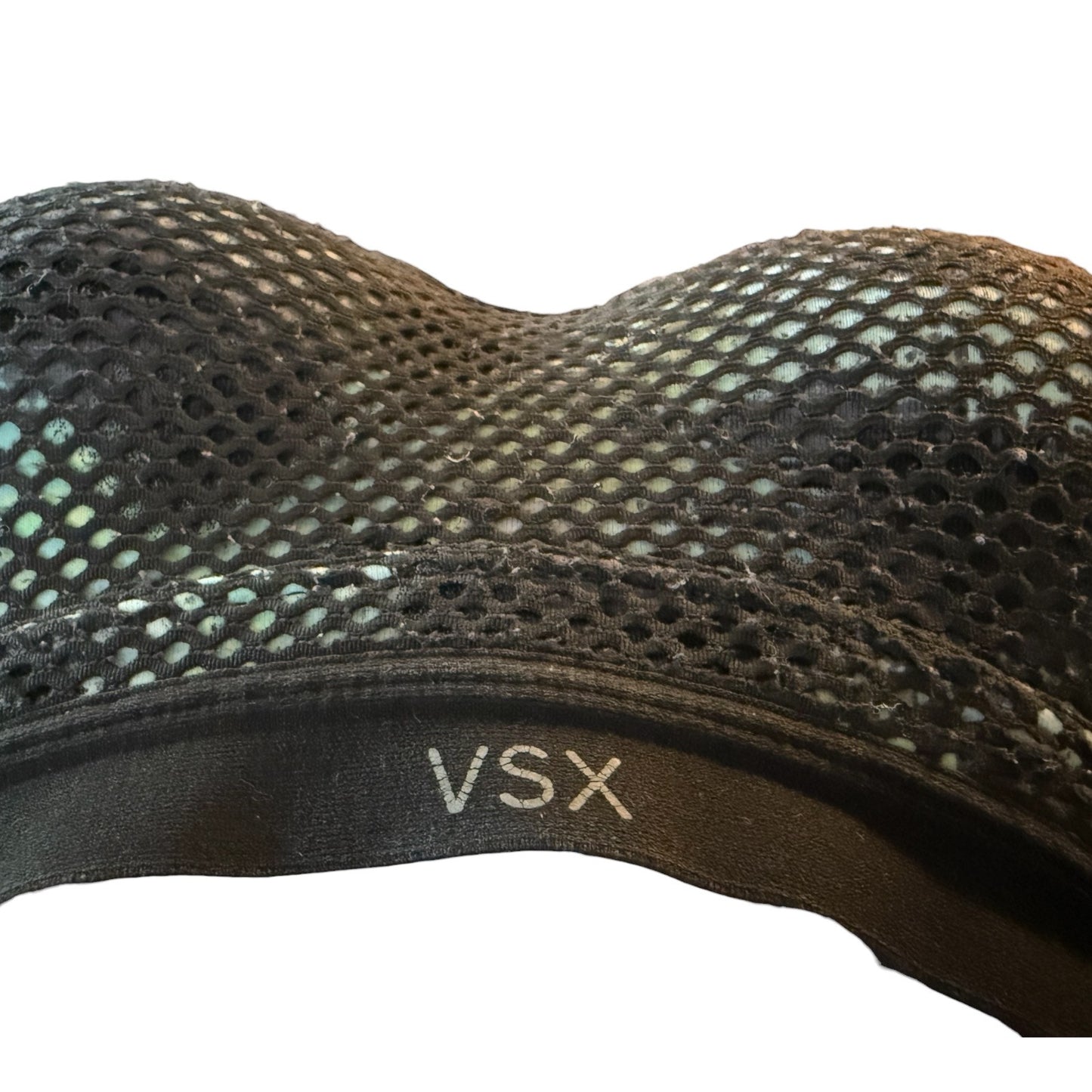 Black mesh bra showing issues with 'VSX' logo on a white background