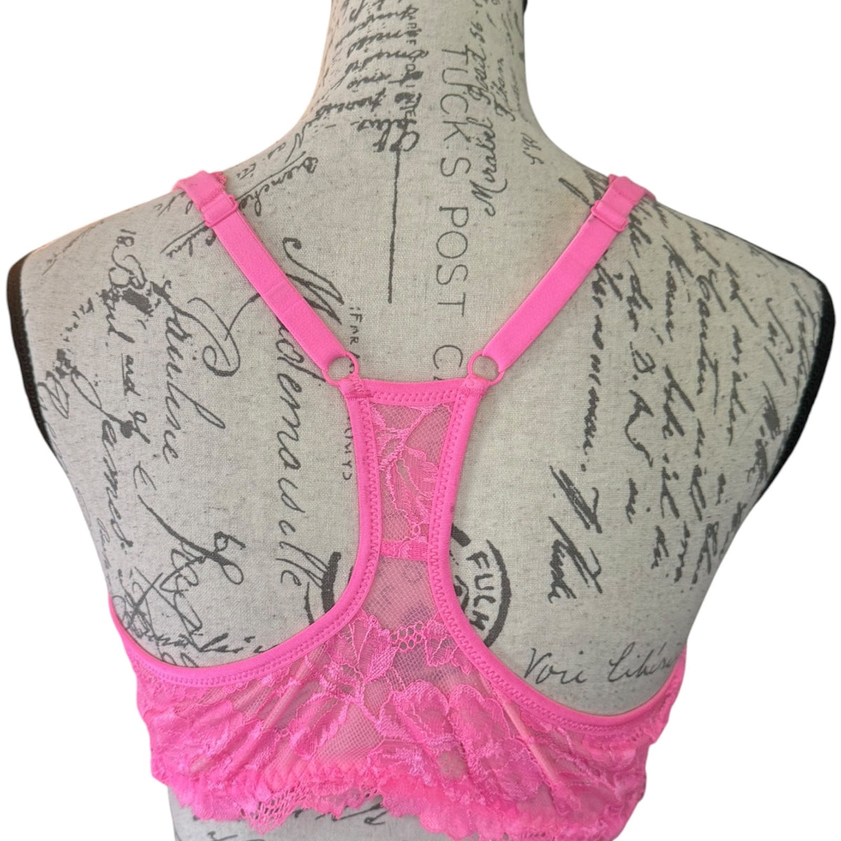 Bright pink lace and mesh bra displayed on a fabric mannequin torso, shown from the back against a white background.