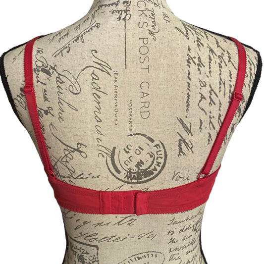 The back of a red bra with shoulder straps, displayed on a vintage-style fabric dress form with a postcard pattern, against a white background.