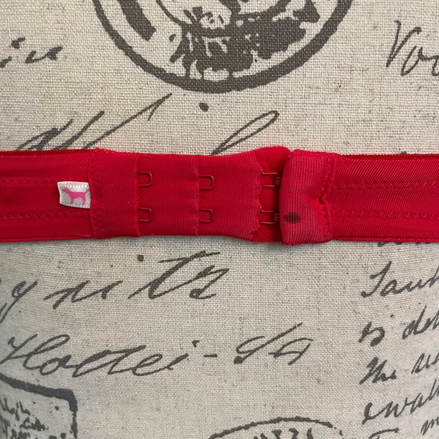 Red bra with a small white tag on a textured background with cursive text and black ink blots.