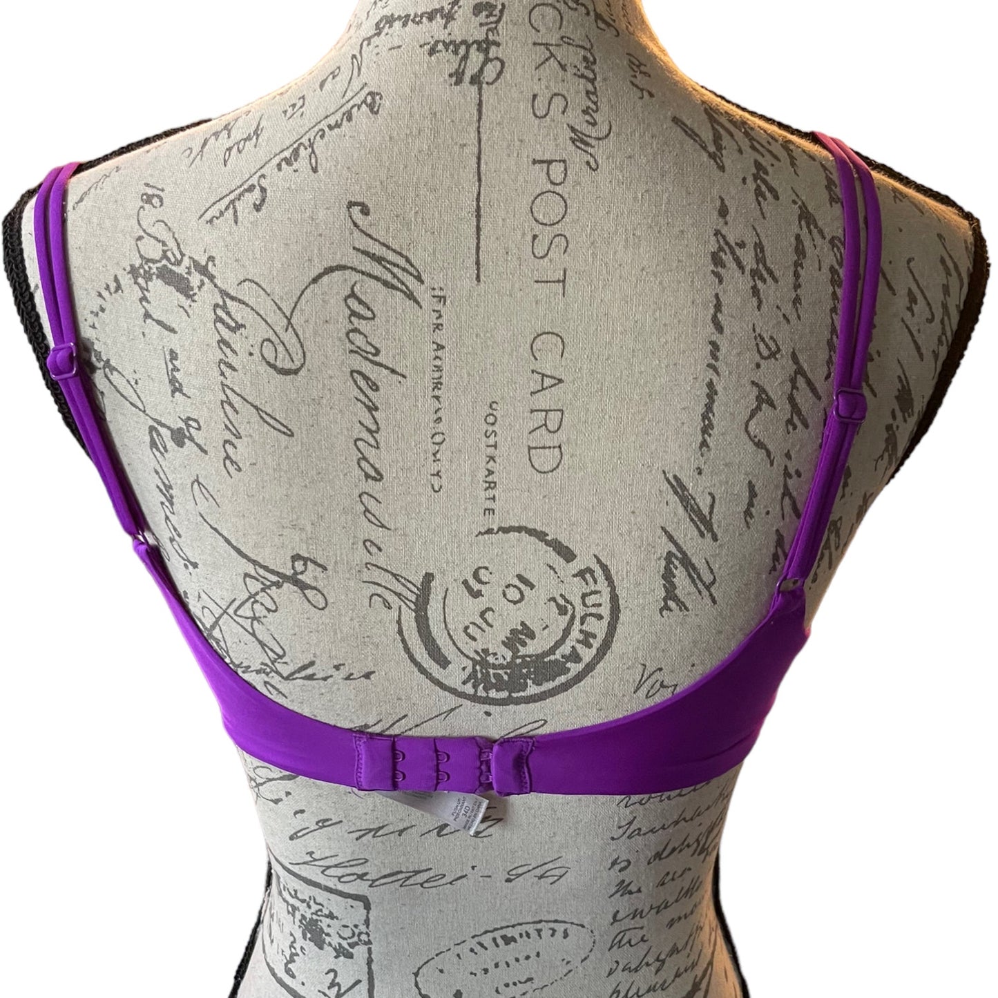 Back of Purple bra on a mannequin bust with a vintage-style background