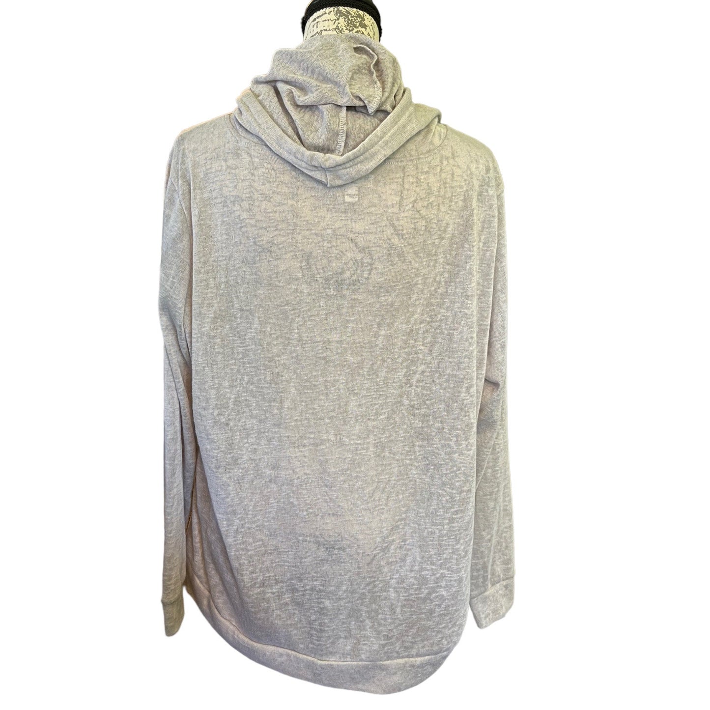 Back of gray hoodie on a mannequin against a white background