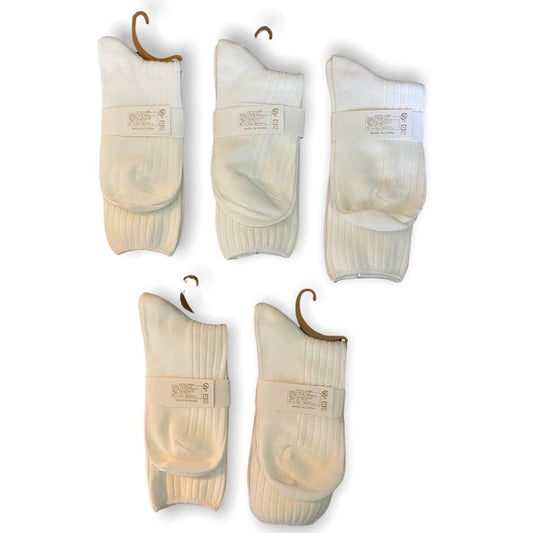 Five pairs of white ribbed crew socks hanging on small hangers against a plain white background.