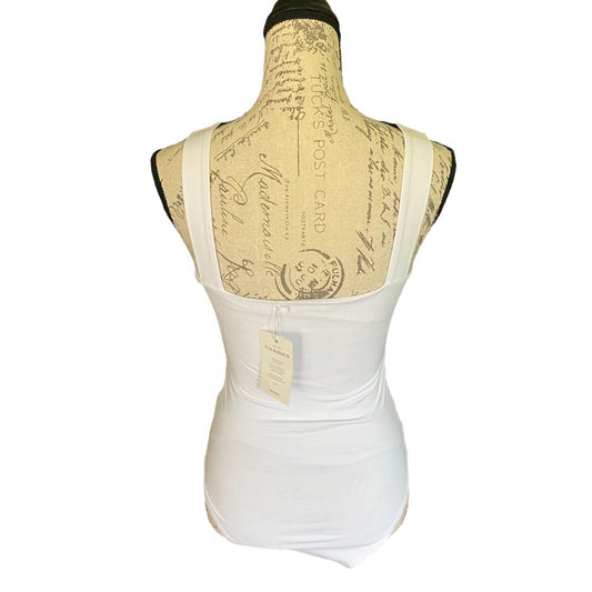 White bodysuit on a mannequin with a decorative back panel on a white background