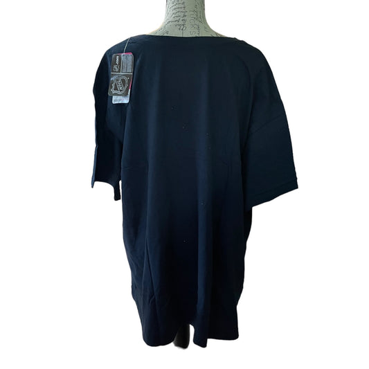 Back of blue shirt sleeve shirt on a white background.