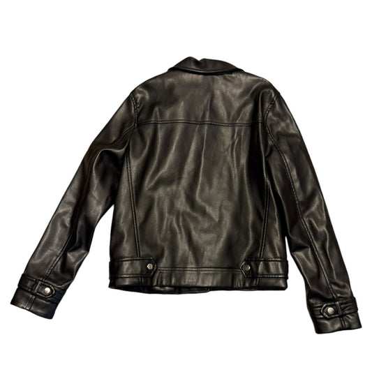 A black faux leather jacket shown from the back, featuring a classic collar, long sleeves with buttoned cuffs against a solid white background.