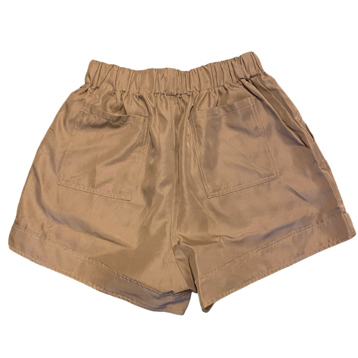 A pair of women's casual shorts in a light brown, featuring an elastic waistband, two large patch pockets on the back, and a relaxed, straight-leg fit. The shorts are photographed flat against a solid white background.