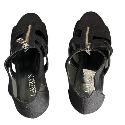 Ralph Lauren Black Espadrille Kelcie Cotton Linen Wedge Size 9