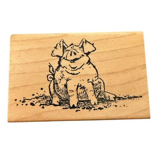 Delafield Stamp Company Large Pig Playing In Mud Happy G051 Rubber Stamp