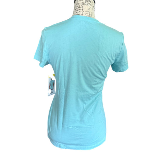 Back of Light blue t-shirt on a mannequin with a white background