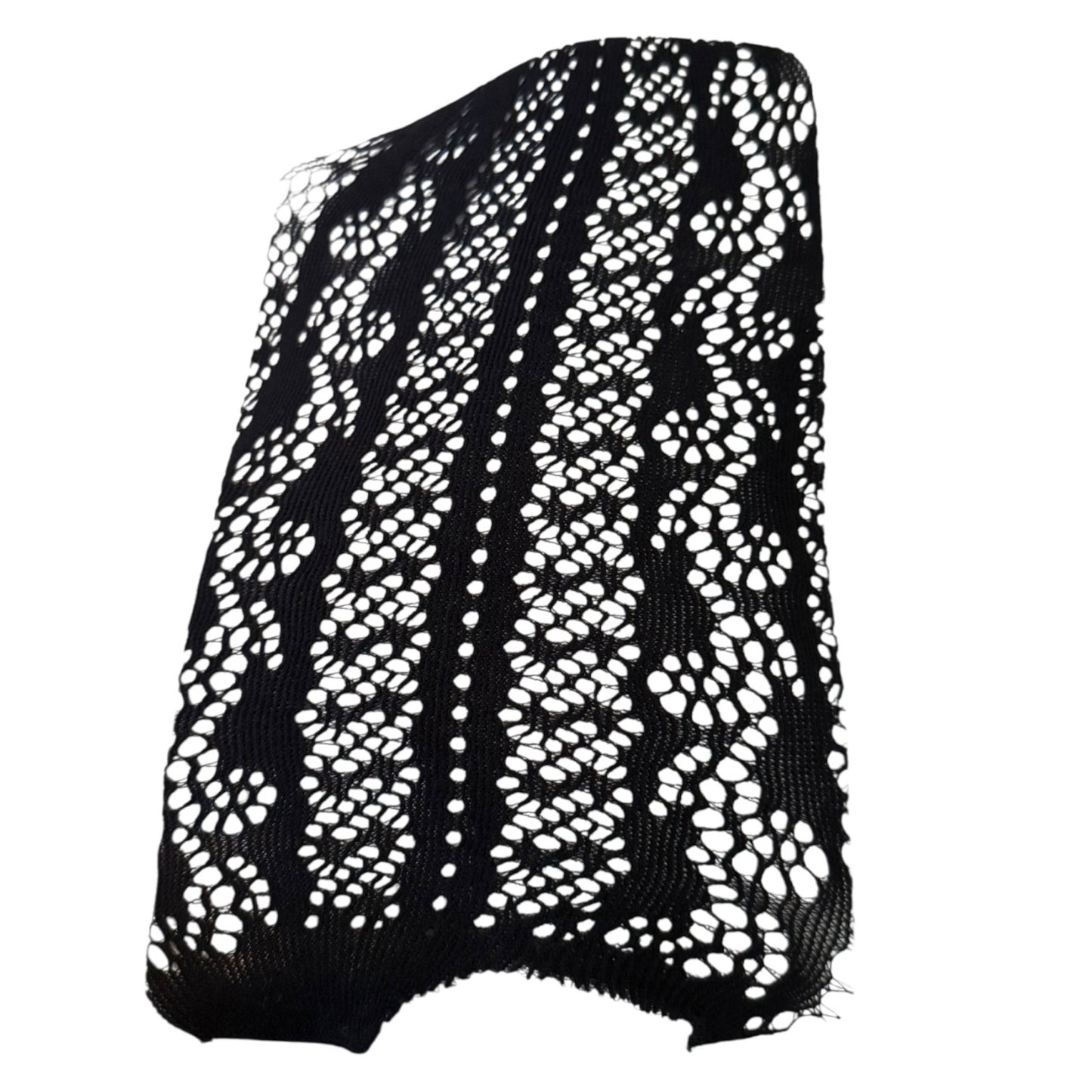 A black knit lace lingerie with a white  and geometric openwork pattern, shown against a plain white background.
