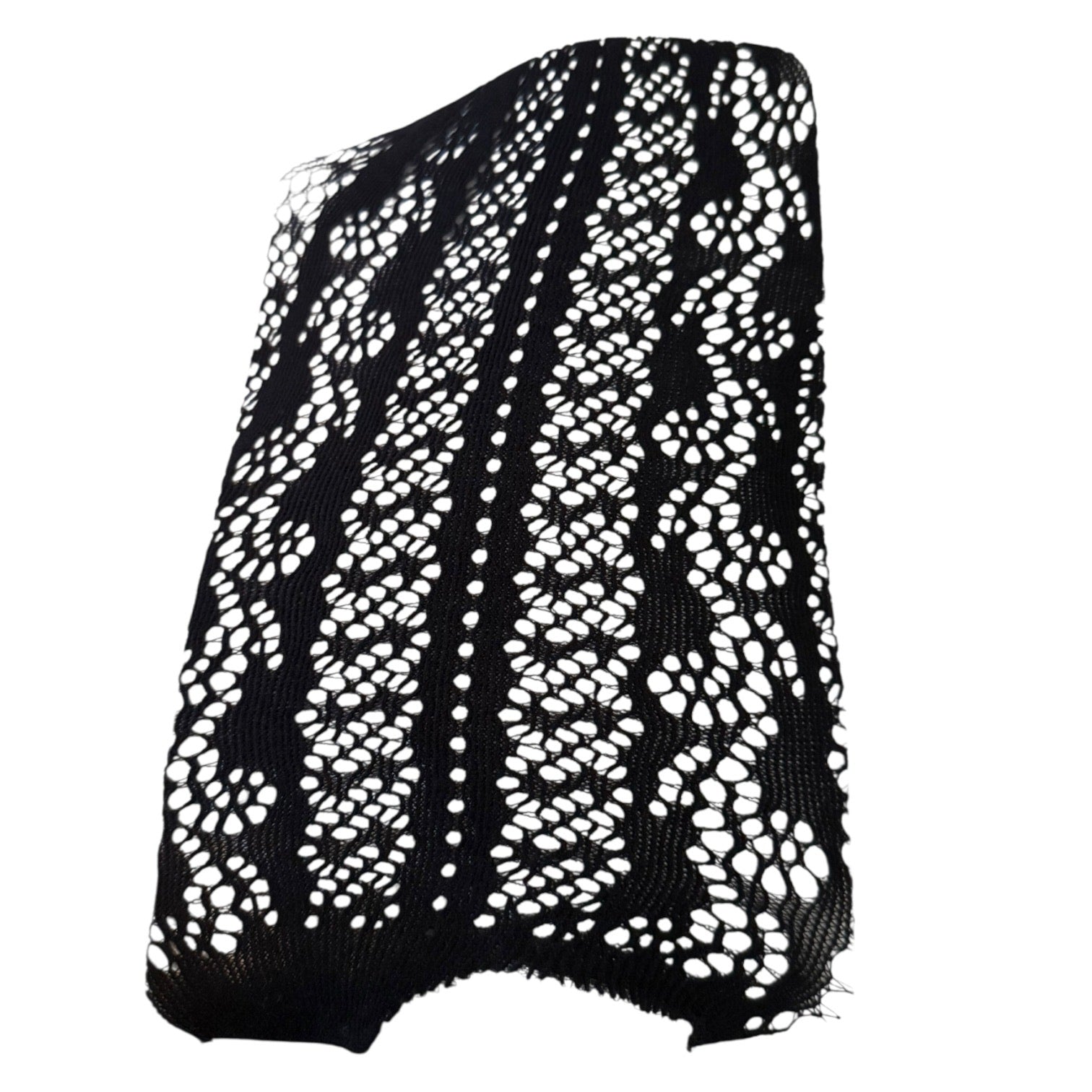 A black knit lace lingerie with a white  and geometric openwork pattern, shown against a plain white background.