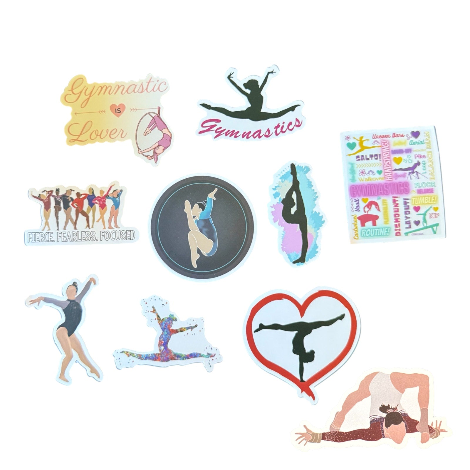Collection of gymnastics-themed stickers on a white background