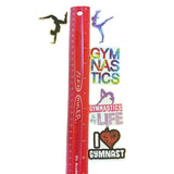 Red ruler with gymnastics-themed stickers on a white background