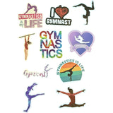 Collection of gymnastics-themed stickers on a white background