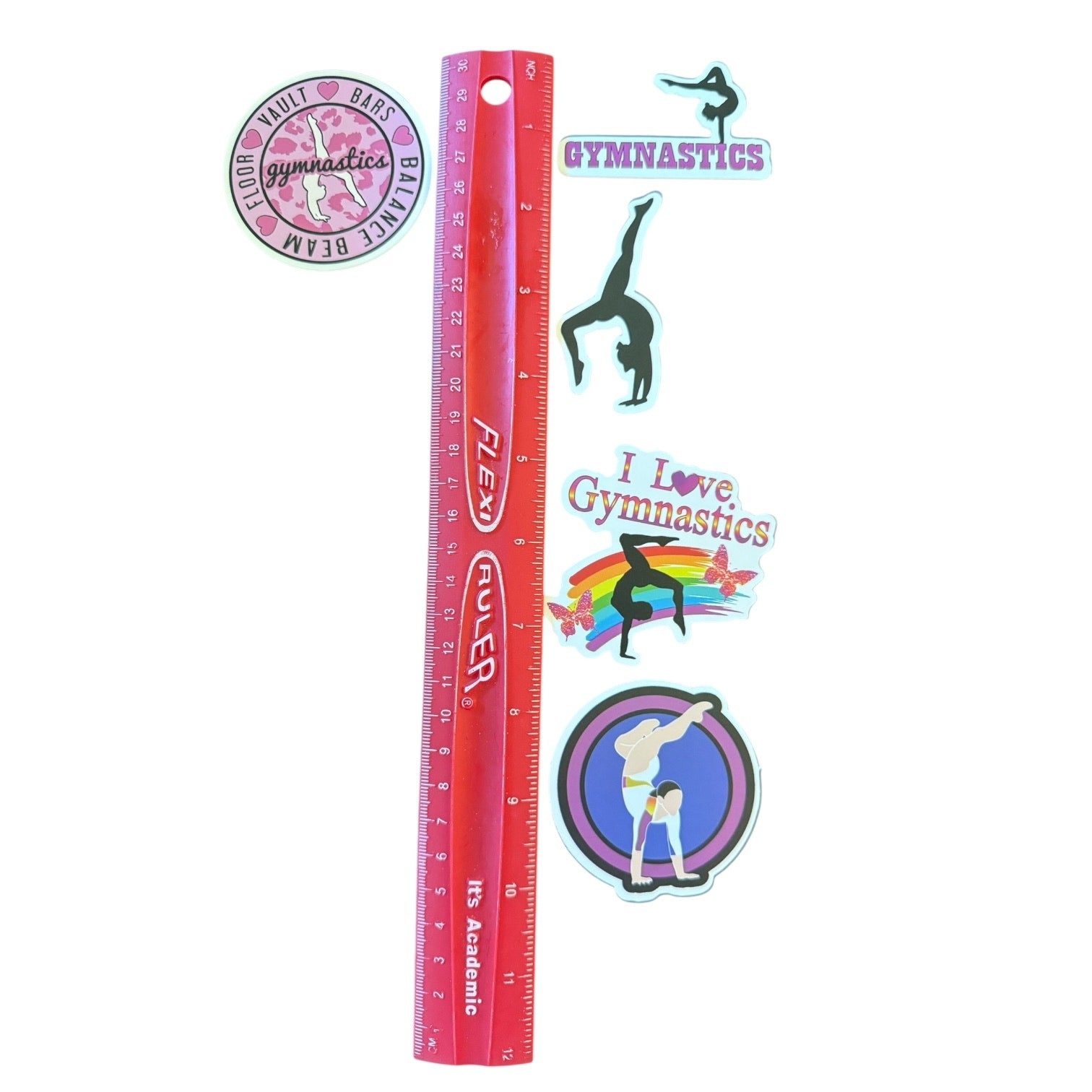 Red ruler with gymnastics-themed stickers on a white background