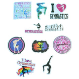 Collection of gymnastics-themed stickers on a white background