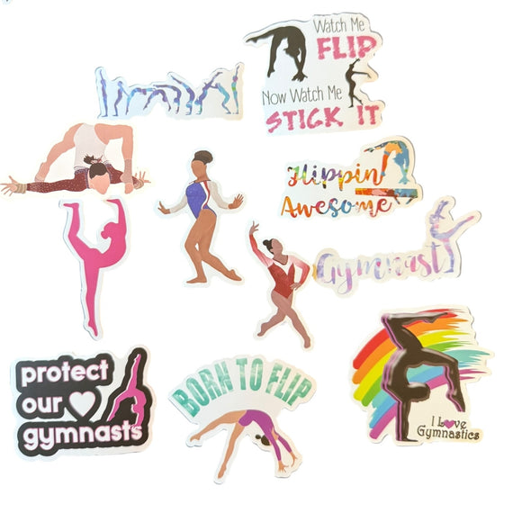 Collection of gymnastics-themed stickers on a white background