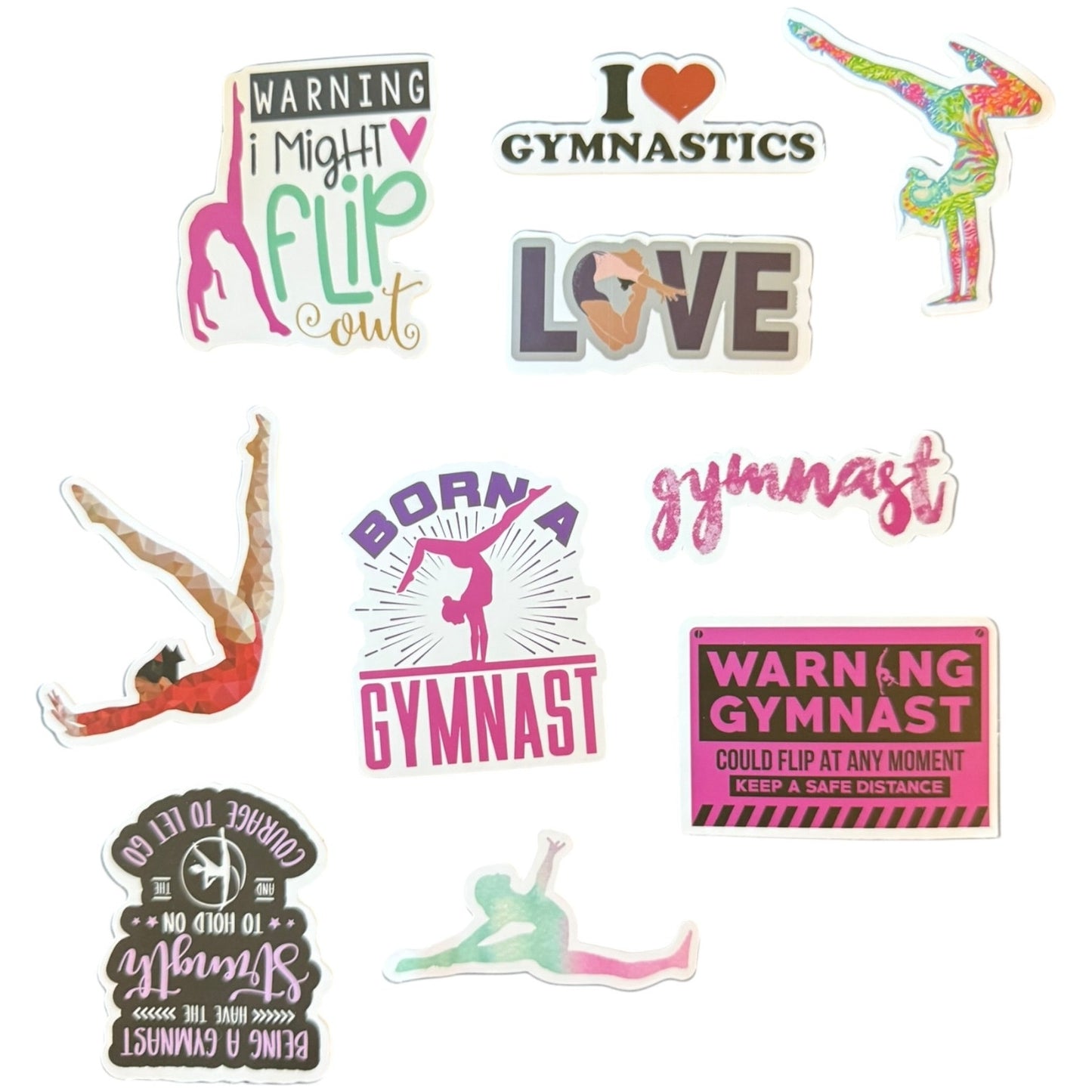 Collection of gymnastics-themed stickers with various designs and text on a white background.