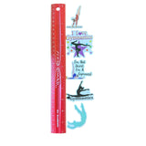 Red ruler with gymnastics-themed stickers on a white background