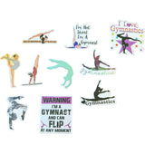 Collection of gymnastics-themed stickers on a white background
