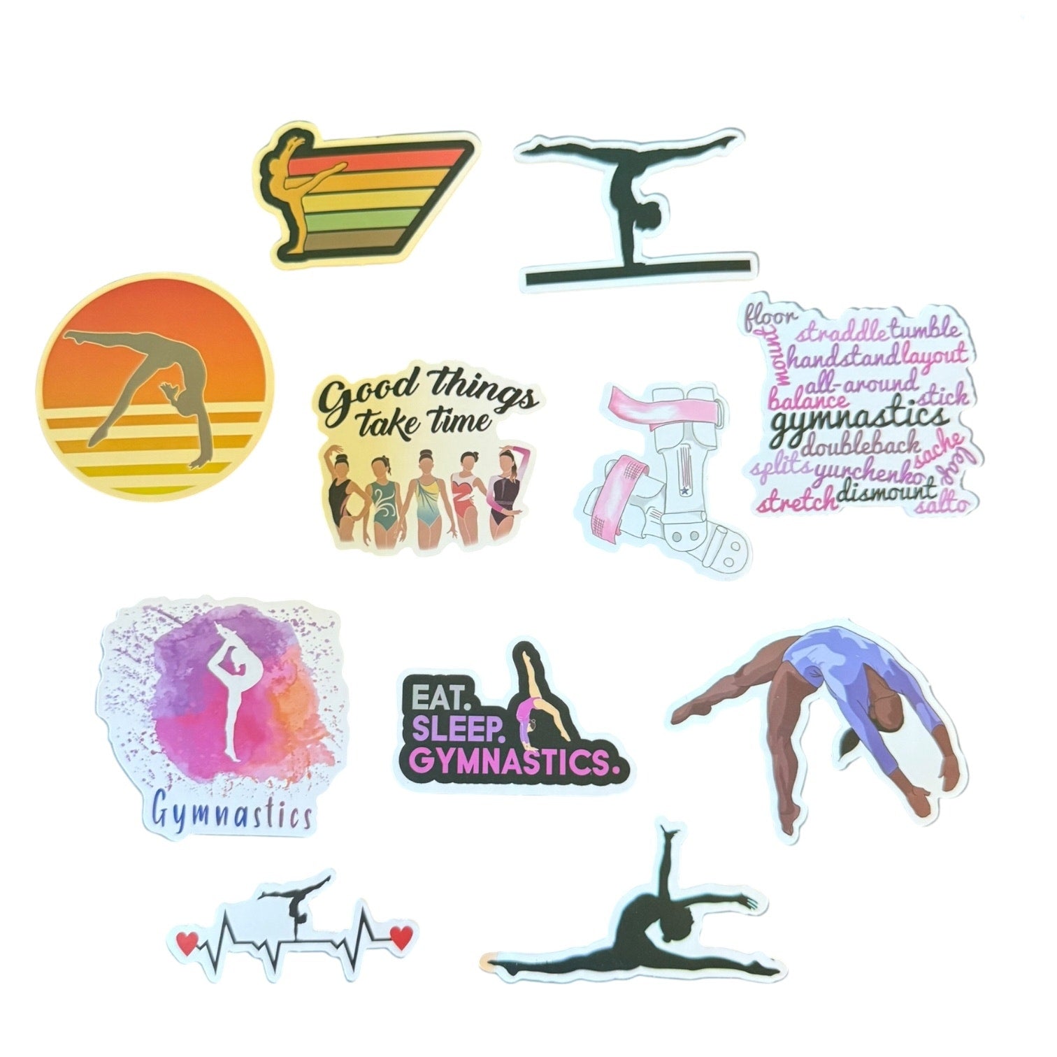 Collection of gymnastics-themed stickers on a white background
