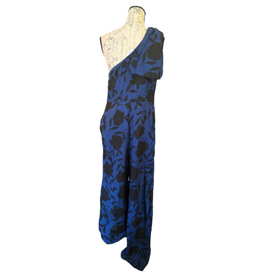 Kate Spade Off Shoulder Blue Black Linen Blend Pant Jumpsuit Size 8