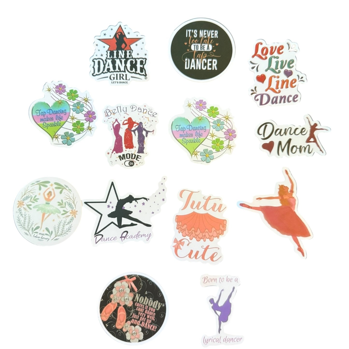 Collection of dance-themed stickers on a white background
