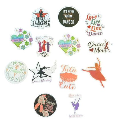 Collection of dance-themed stickers on a white background