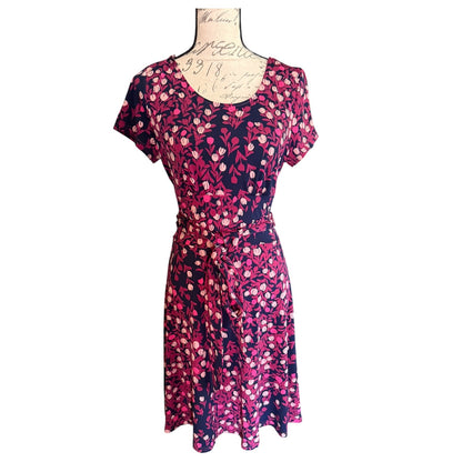 Leota Dress Womens Medium Navy Pink Floral Short Sleeve Scoop Neck Fit & Flare