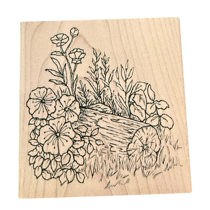 Inky Antics Nancy Baier Foliage Log Scene With Flowers M2-10462J Rubber Stamp