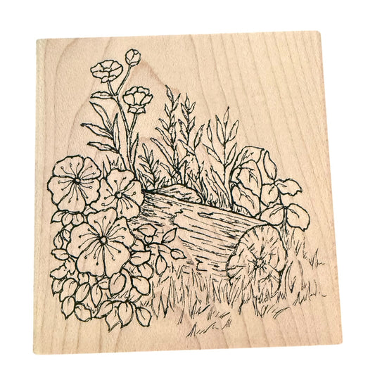 Inky Antics Nancy Baier Foliage Log Scene With Flowers M2-10462J Rubber Stamp
