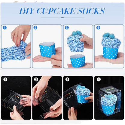 Step-by-step guide on making DIY cupcake socks with blue polka dot design.